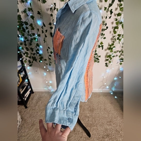 Coldwater Creek 100% Linen Boho Patch Pocket Textured Embroider Button Down - Picture 5 of 12